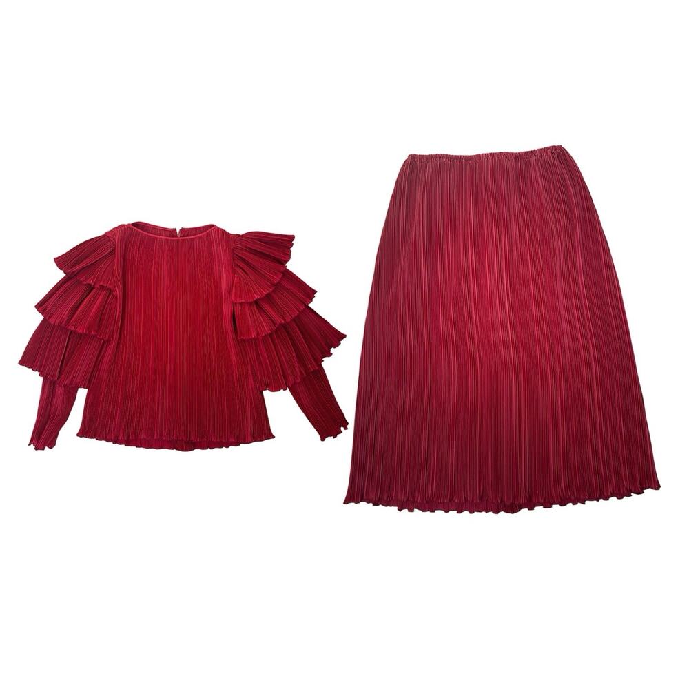 Vintage 1970s Richilene NY Red Pleated Skirt Set Disco Glam Size M